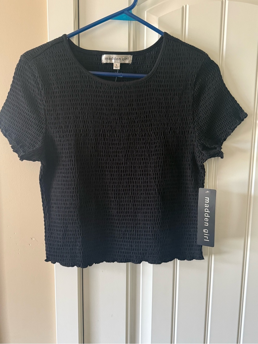 NEW WITH TAGS. Madden Girl Black Smocked Short Sleeve Top.